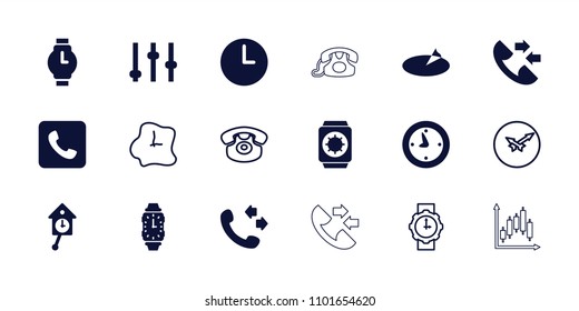 Dial icon. collection of 18 dial filled and outline icons such as call, adjust, clock, wall clock, wrist watch, sundial. editable dial icons for web and mobile.