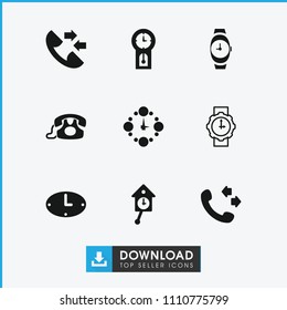 Dial icon. collection of 9 dial filled and outline icons such as call, wall clock, pendulum, wrist watch for woman, desk phone. editable dial icons for web and mobile.