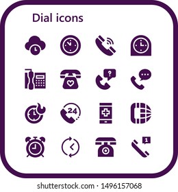 dial icon set. 16 filled dial icons.  Simple modern icons about  - Time, Wall clock, Telephone, Clock, Call, Phone call, Clocks, Phone, Alarma clock