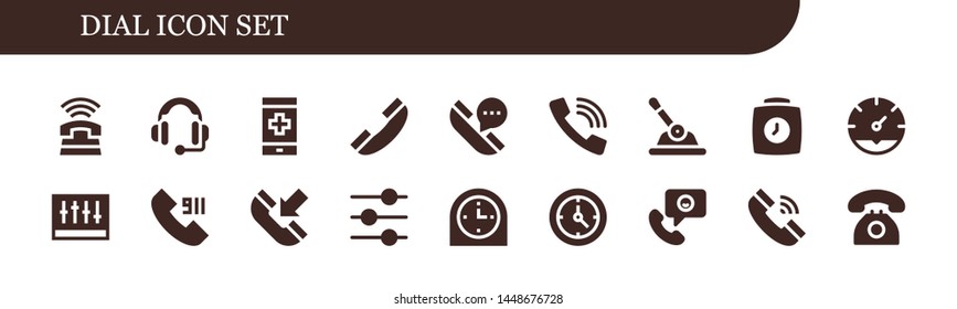 dial icon set. 18 filled dial icons.  Collection Of - Phone, Headset, Telephone, Call, Control, Clock, Levels, Phone call