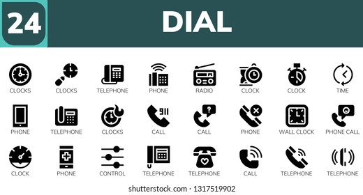 dial icon set. 24 filled dial icons.  Collection Of - Clocks, Telephone, Phone, Radio, Clock, Time, Call, Wall clock, Phone call, Control