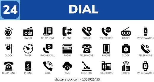 dial icon set. 24 filled dial icons.  Collection Of - Time, Radio, Telephone, Phone, Wristwatch, Clock, Timer, Phone call, Call, Control