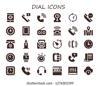  dial icon set. 30 filled dial icons. Simple modern icons about  - Phone, Telephone, Phone call, Clocks, Time, Radio, Clock tower, Timer, Wall clock, Wristwatch, Call, Headset