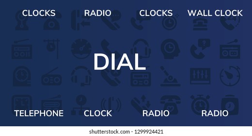  dial icon set. 32 filled dial icons. on blue background style Simple modern icons about  - Clocks, Radio, Wall clock, Telephone, Clock, Phone, Headset, Time, Phone call, Control