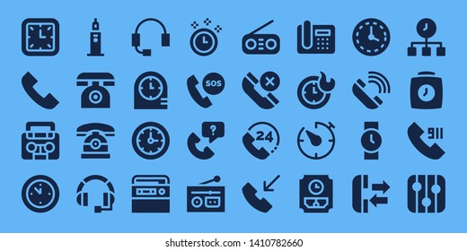 dial icon set. 32 filled dial icons. on blue background style Simple modern icons about  - Wall clock, Phone call, Radio, Clock tower, Phone, Telephone, Headset, Clocks, Time