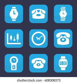 Dial icon. set of 9 filled dial icons such as desk phone, wall clock, wrist watch, wrist dial watch, pendulum