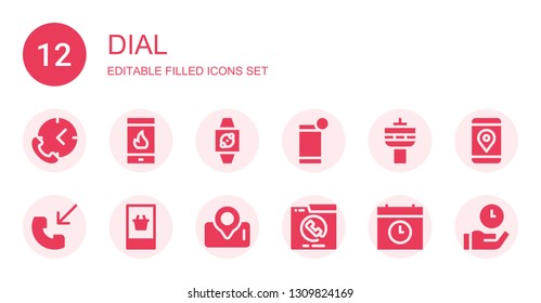 dial icon set. Collection of 12 filled dial icons included Time, Smartphone, Wristwatch, Radio, Phone call