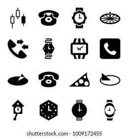 Dial icons. set of 16 editable filled dial icons such as desk phone, control panel, call, wall clock, wrist watch for woman, wrist watch, sundial