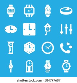 dial icons set. Set of 16 dial filled icons such as call, wall clock, wrist watch, wrist watch for woman, wrist dial watch, sundial, pendulum