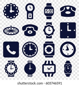 Dial icons set. set of 16 dial filled icons such as desk phone, call, clock, wall clock, wrist watch for woman, wrist watch, sundial