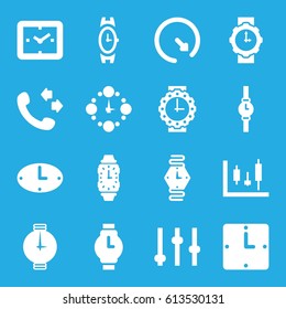 Dial icons set. set of 16 dial filled icons such as wrist watch, call, wall clock, wrist watch for woman, adjust, panel control