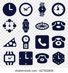Dial icons set. set of 16 dial filled icons such as desk phone, call, clock, wall clock, wrist watch, sundial