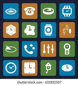 Dial icons set. set of 16 dial filled icons such as call, desk phone, wall clock, wrist watch, sundial, wrist watch with sun, pendulum, adjust