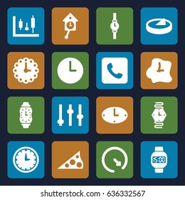 Dial icons set. set of 16 dial filled icons such as call, wall clock, wrist watch, wrist dial watch, sundial, pendulum, adjust