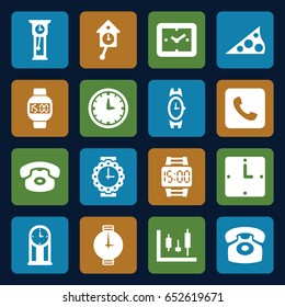 Dial icons set. set of 16 dial filled icons such as wrist watch, call, desk phone, wall clock, wrist watch for woman, wrist dial watch, sundial, pendulum, panel control