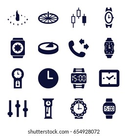 Dial icons set. set of 16 dial filled icons such as wrist watch, call, wall clock, wrist watch for woman, sundial, pendulum, adjust, clock