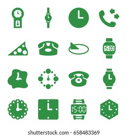 Dial icons set. set of 16 dial filled icons such as desk phone, call, wall clock, wrist watch, wrist dial watch, sundial