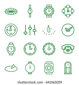 Dial icons set. set of 16 dial outline icons such as clock, wall clock, wrist watch, wrist watch for woman, sundial, wrist watch with sun, pendulum, adjust