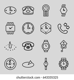 Dial icons set. set of 16 dial outline icons such as desk phone, call, clock, wall clock, wrist watch, wrist watch for woman, sundial