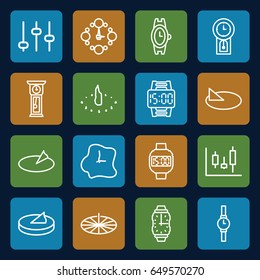 Dial icons set. set of 16 dial outline icons such as wrist watch, wall clock, wrist dial watch, sundial, pendulum, adjust