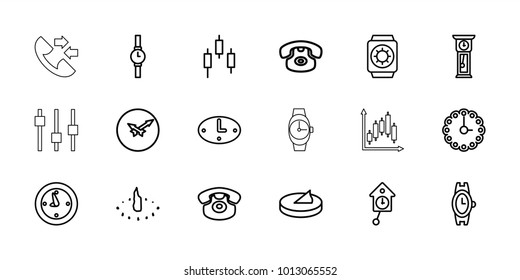 Dial icons. set of 18 editable outline dial icons: wrist watch, desk phone, control panel, clock, wall clock, sundial, wrist watch with sun, pendulum, call, adjust