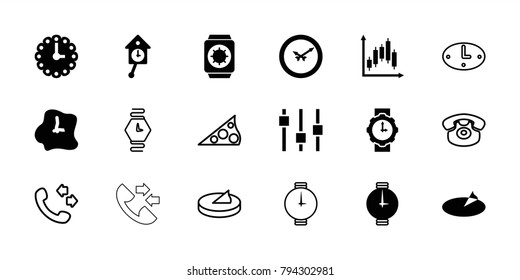 Dial icons. set of 18 editable filled and outline dial icons: wall clock, wrist watch for woman, wrist watch, sundial, wrist watch with sun, pendulum, call, desk phone, adjust