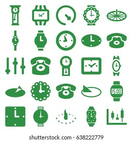 Dial icons set. set of 25 dial filled icons such as wrist watch, desk phone, clock, wall clock, wrist watch for woman, wrist dial watch, sundial, pendulum, adjust