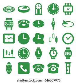 Dial icons set. set of 25 dial filled icons such as desk phone, call, wall clock, wrist watch, wrist watch for woman, wrist dial watch, sundial, pendulum, panel control, clock
