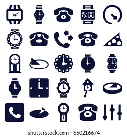 Dial icons set. set of 25 dial filled icons such as desk phone, call, wall clock, wrist watch, wrist watch for woman, wrist dial watch, sundial, pendulum
