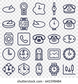 Dial icons set. set of 25 dial outline icons such as desk phone, call, clock, wall clock, wrist watch, wrist watch for woman, sundial, pendulum