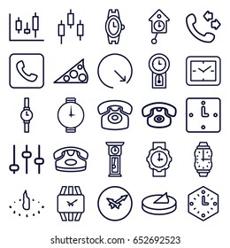 Dial icons set. set of 25 dial outline icons such as desk phone, wrist watch, call, wall clock, wrist watch for woman, sundial, pendulum, adjust, panel control, clock