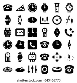 Dial icons set. set of 36 dial filled icons such as desk phone, wrist watch, call, wall clock, wrist watch for woman, sundial, pendulum, adjust, panel control, clock