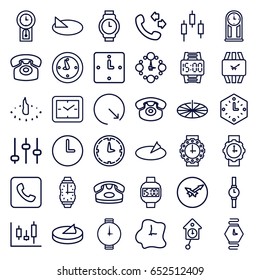Dial icons set. set of 36 dial outline icons such as desk phone, call, clock, wall clock, wrist watch, wrist watch for woman, wrist dial watch, sundial, pendulum, adjust