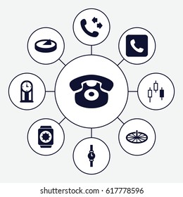 Dial icons set. set of 9 dial filled icons such as call, desk phone, wrist watch, sundial, wrist watch with sun, pendulum