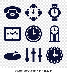 Dial icons set. set of 9 dial filled icons such as wall clock, wrist watch for woman, sundial, pendulum, adjust, clock