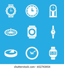 Dial icons set. set of 9 dial filled icons such as wall clock, wrist watch for woman, sundial