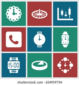 Dial icons set. set of 9 dial filled icons such as call, wall clock, wrist watch, wrist dial watch, sundial
