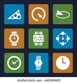 Dial icons set. set of 9 dial filled icons such as wall clock, wrist watch for woman, wrist watch, wrist dial watch