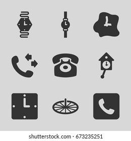 Dial icons set. set of 9 dial filled icons such as call, desk phone, wall clock, wrist watch, sundial