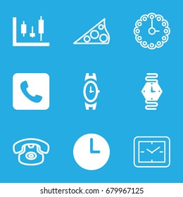 Dial icons set. set of 9 dial filled and outline icons such as wrist watch, call, wall clock, sundial, panel control, clock