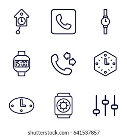 Dial icons set. set of 9 dial outline icons such as call, wall clock, wrist watch, wrist dial watch, wrist watch with sun, pendulum