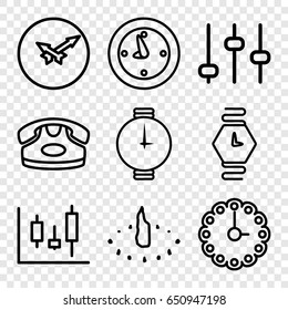 Dial icons set. set of 9 dial outline icons such as desk phone, clock, wall clock, wrist watch, sundial, adjust