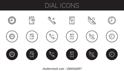 dial icons set. Collection of dial with clock, smartphone, telephone, phone call, wall clock. Editable and scalable dial icons.