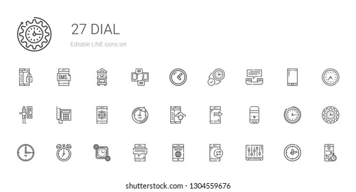 dial icons set. Collection of dial with levels, smartphone, time, clock, glue stick, telephone, thermostat, phone call, wall clock. Editable and scalable dial icons.