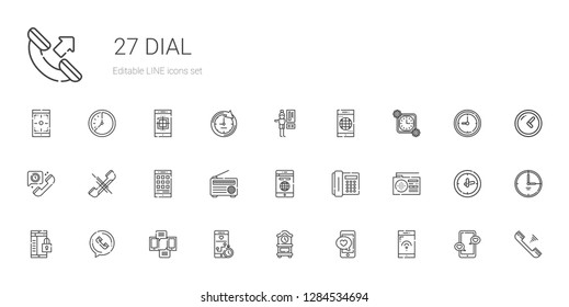 dial icons set. Collection of dial with smartphone, clock, phone call, radio, telephone, phone, time, thermostat, wall clock. Editable and scalable dial icons.