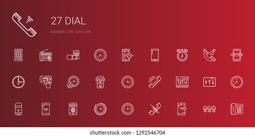 dial icons set. Collection of dial with smartphone, phone, wall clock, glue stick, levels, time, clock, telephone, phone call, radio. Editable and scalable dial icons.