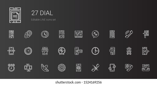 dial icons set. Collection of dial with smartphone, phone, wall clock, phone call, clock, time, levels, telephone, thermostat. Editable and scalable dial icons.