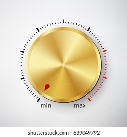 Dial Knob. Global Swatches. Realistic Gold Button With Circular Processing. Technology Button Template. Volume Knob. Metal Texture For Web, Interfaces, UI, Applications, Apps. Vector Illustration.
