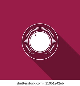 Dial knob level technology settings icon isolated with long shadow. Volume button, sound control, music knob with number scale, sound control, analog regulator. Flat design. Vector Illustration