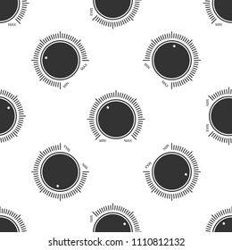 Dial knob level technology settings icon seamless pattern on white background. Volume button, sound control, music knob with number scale, analog regulator. Flat design. Vector Illustration